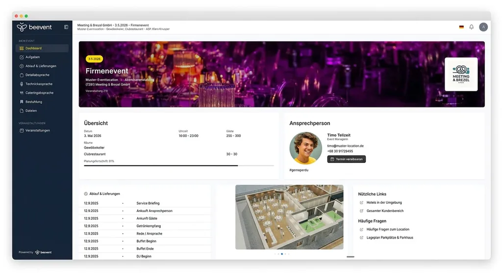beevent Event Management Software – Dashboard mit Eventübersicht und digitalem Veranstaltungsplaner
